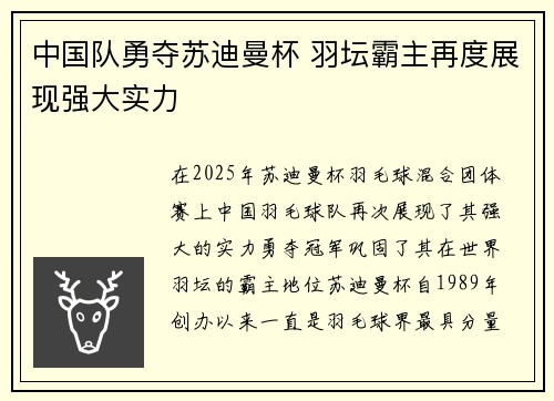 中国队勇夺苏迪曼杯 羽坛霸主再度展现强大实力