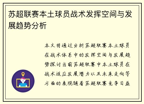 苏超联赛本土球员战术发挥空间与发展趋势分析
