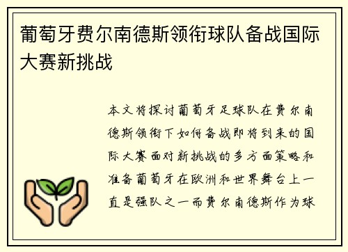 葡萄牙费尔南德斯领衔球队备战国际大赛新挑战